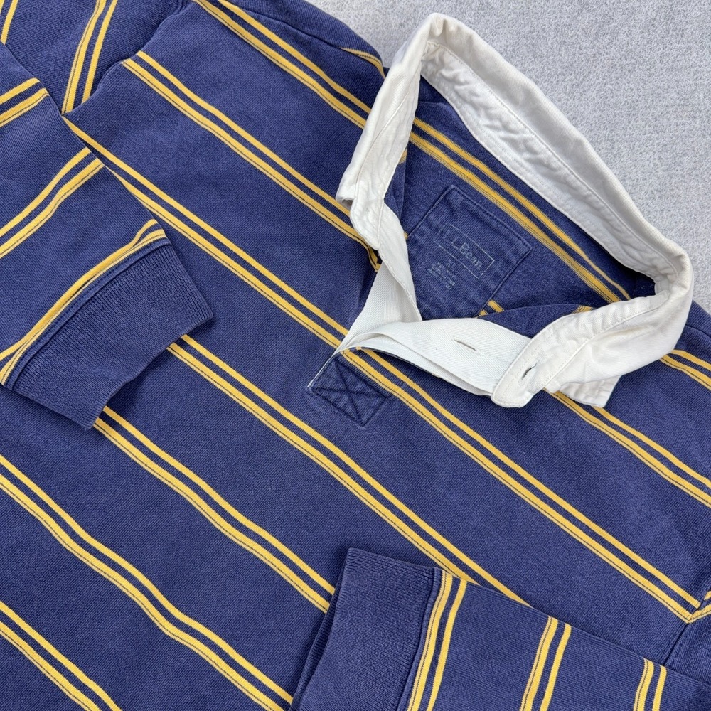 LL Bean Rugby Polo Shirt Men XL Blue Yellow Striped Long Sleeve VTG White Collar - Picture 2 of 12